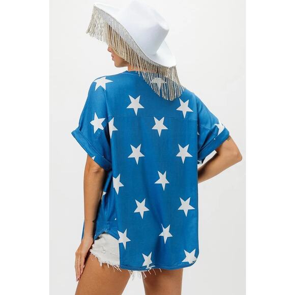 BiBi Fourth Of July Star Print with USA Patch Short Sleeves Knit T-Shirt | Blue - Picture 4 of 6